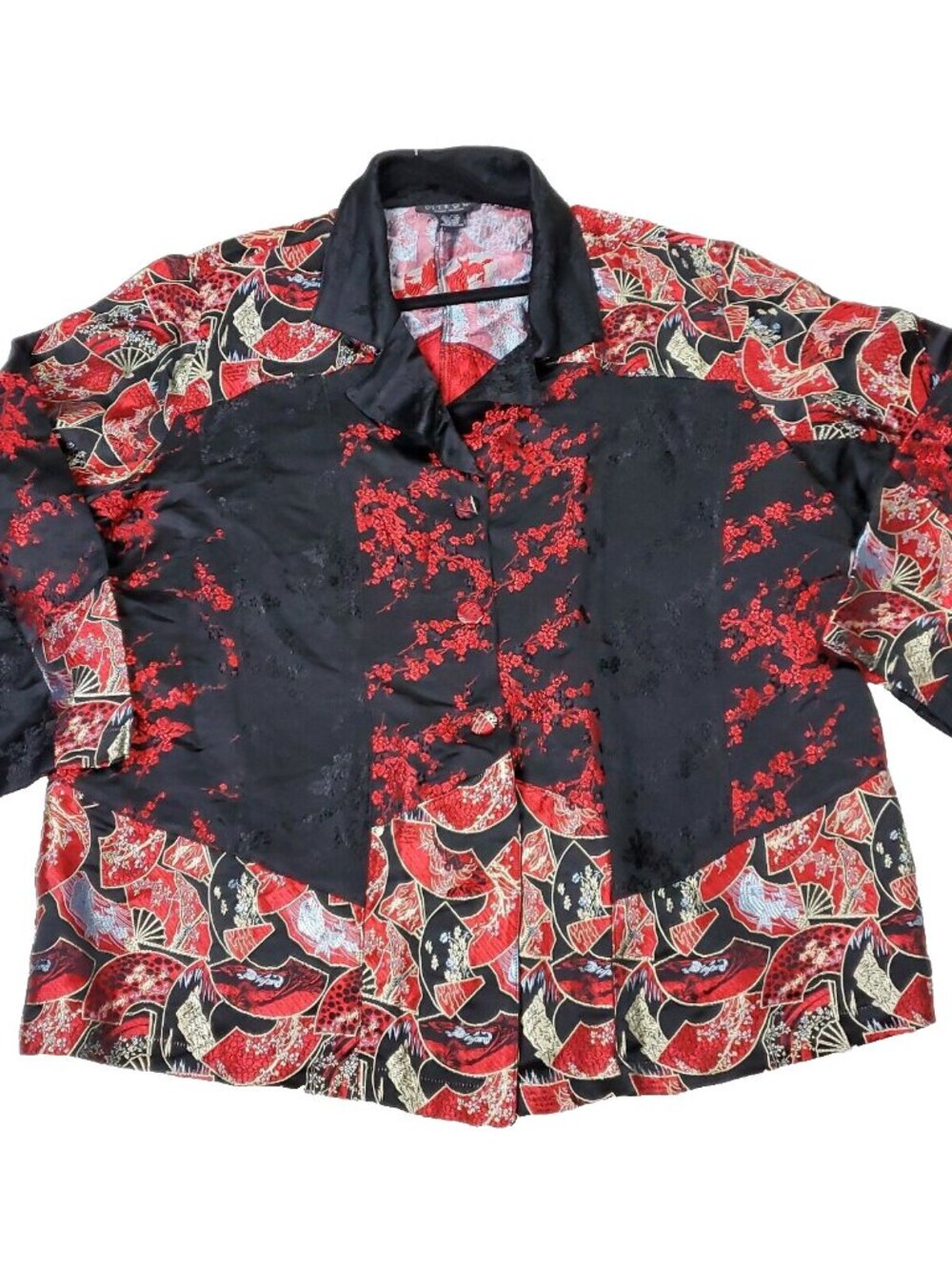 Citron Santa Monica Silk Jacket Womens 3X Plus Size Red Black Button Shirt